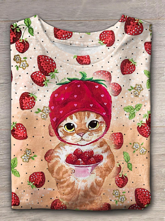 Women's Valentine's Day Strawberry Cat Print Crew Neck T-shirt