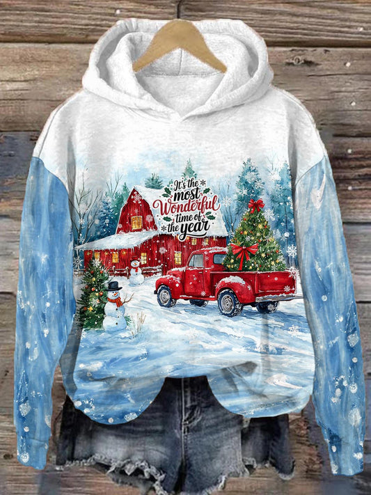 Red Truck Christmas Long Sleeve Printed Hoodie