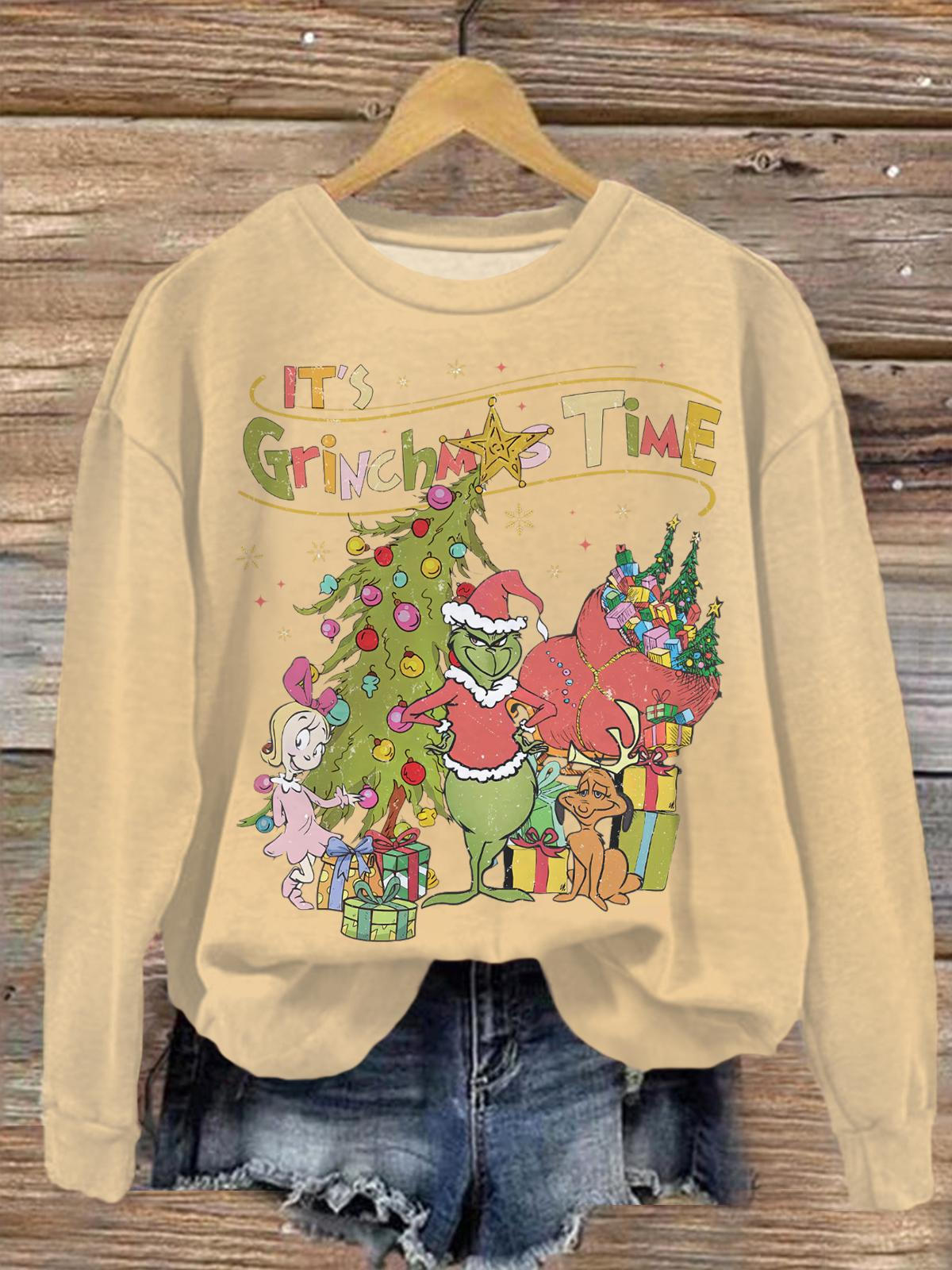 Women's It's Grinchmas Time Crew Neck Casual Sweatshirt