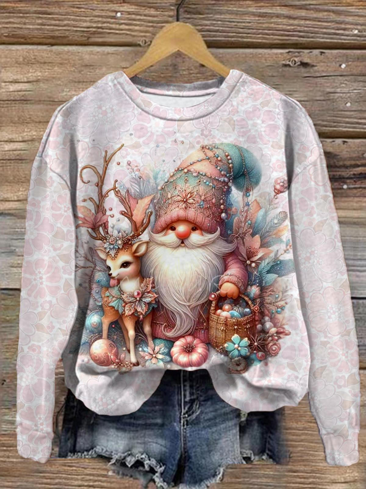 Women's Cute Gnome And Reindeer Crew Neck Casual Sweatshirt