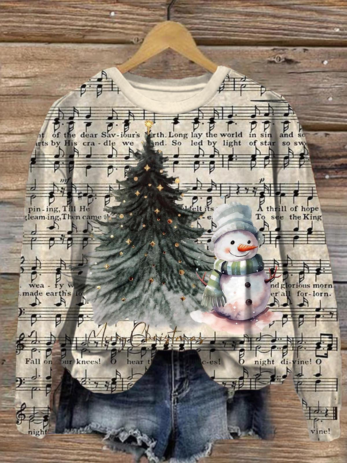 Christmas Frosty Snowman Music Printed Long Sleeve Casual Top