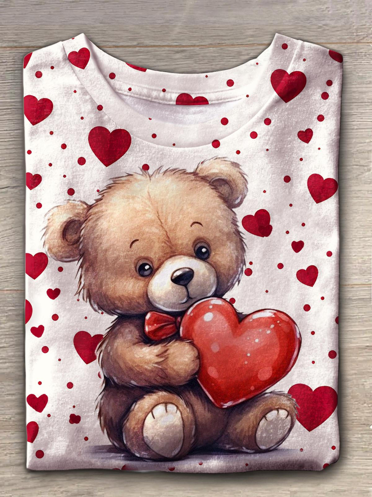 Valentine'S Day Cute Bear Love Heart Print Crew Neck T-shirt