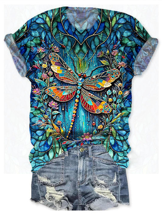 Retro Spring And Summer Dragonfly Print Crew Neck T-shirt