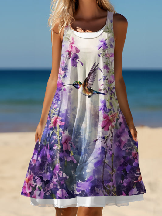 Spring Floral Hummingbird Print False Two Dress