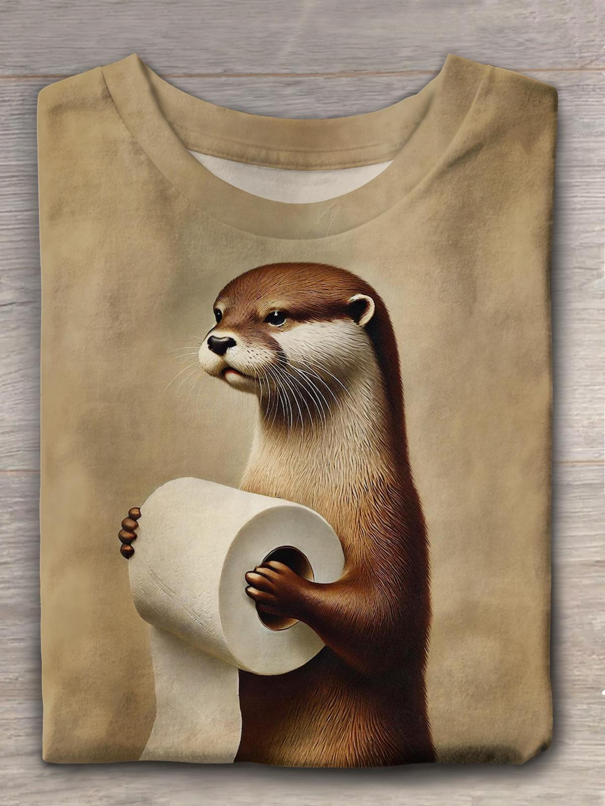 Cute Otter Printed Crew Neck T-shirt