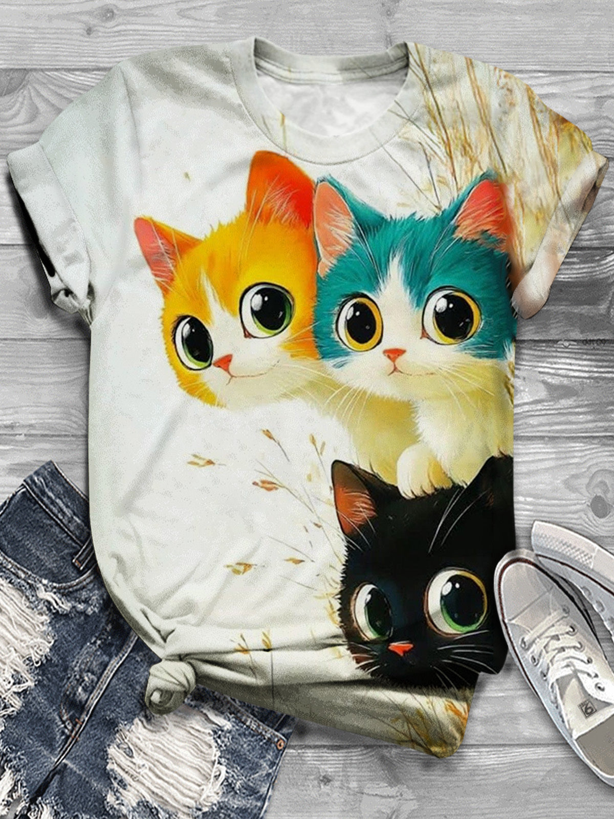 Cute Cat Expression Pack Friendship Spring Fun Print T-shirt