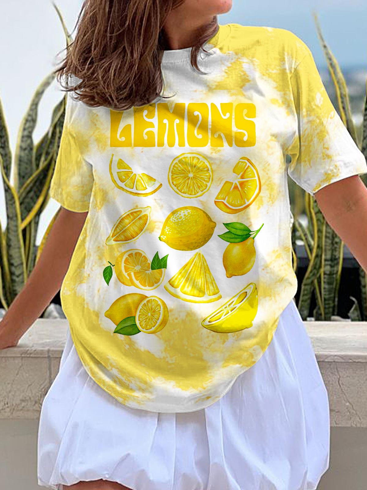 Refreshing Summer Lemon Print Crew Neck T-shirt