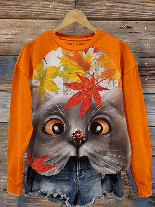 Fall Cat And Ladybug Long Sleeve Casual Top