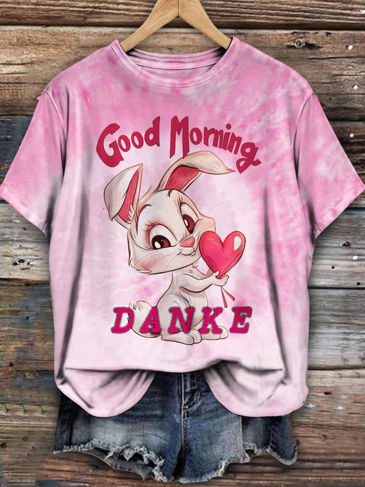 Good Morning Danke Valentine's Day Cute Rabbit Print Casual T-shirt