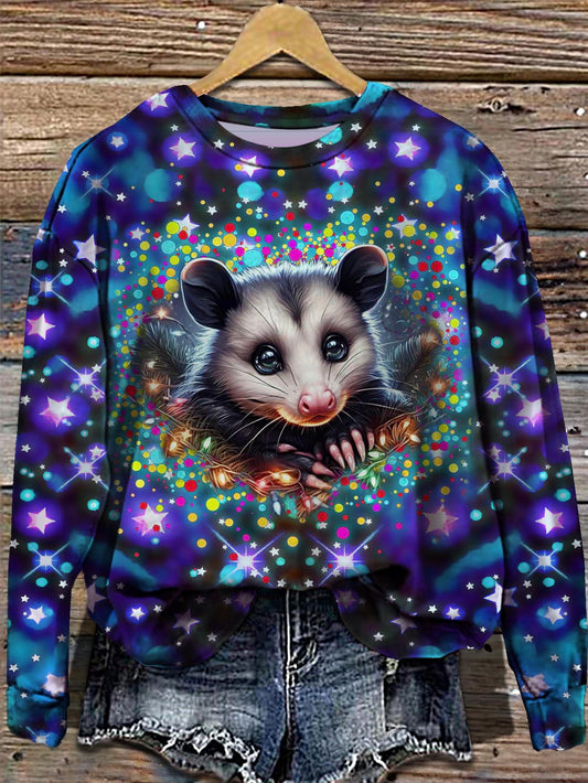 Women's Winter Starlight Possum Print Round Neck Long Sleeve Top