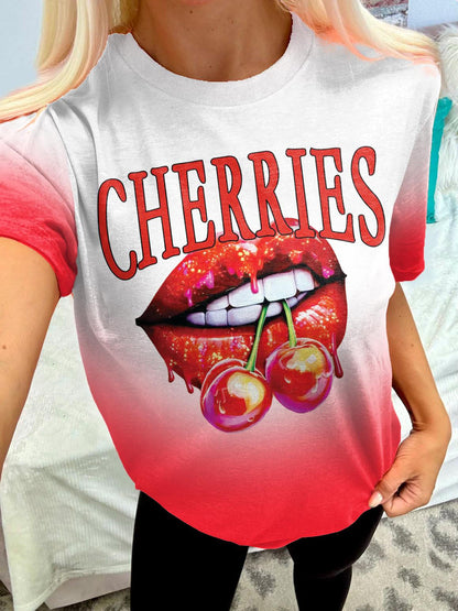 Cherry Red Lip Print Crew Neck T-shirt