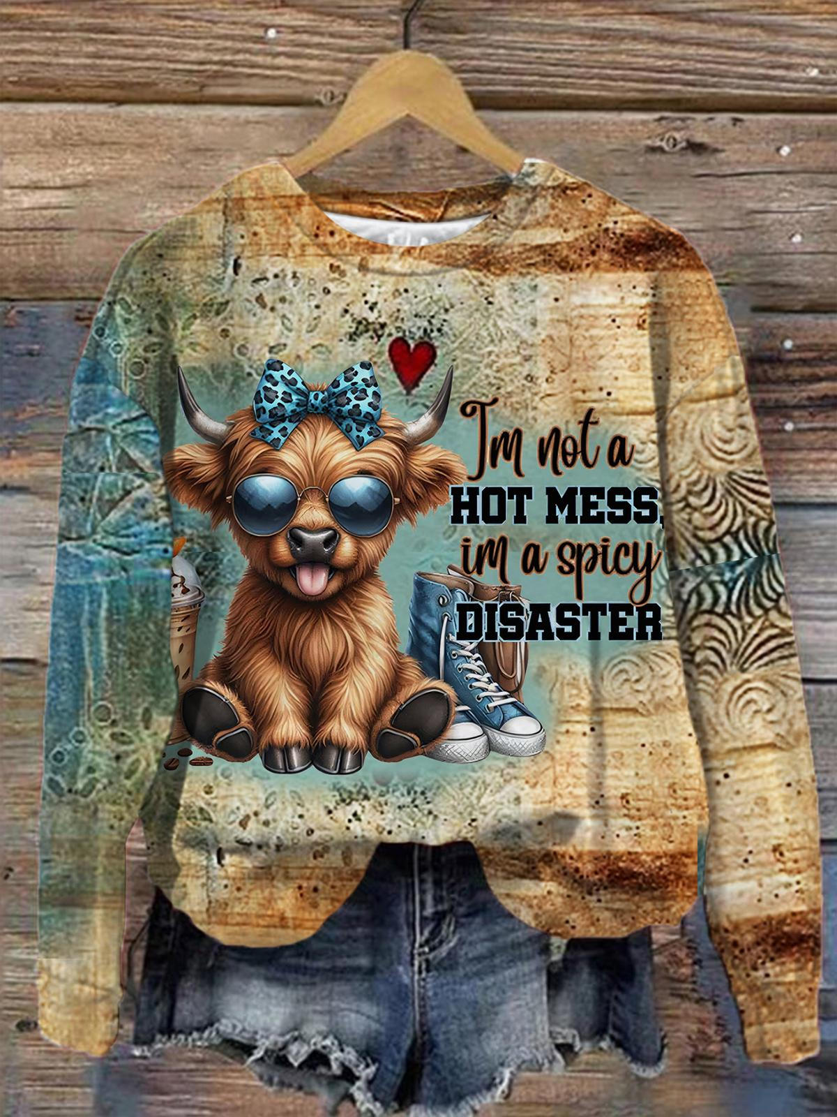 Funny Highland Cow Print Round Neck Long Sleeve Top