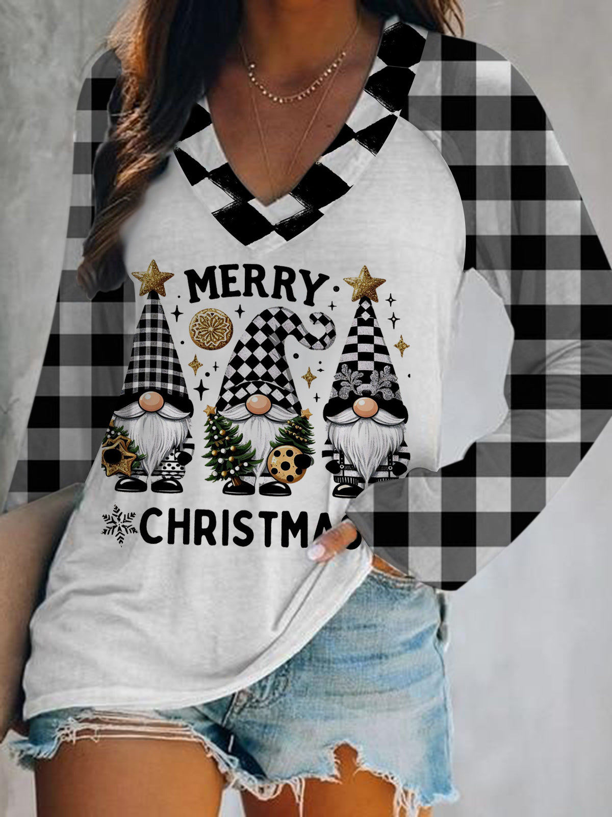 Women's Christmas Gnome Print V-Neck Long Sleeve Top