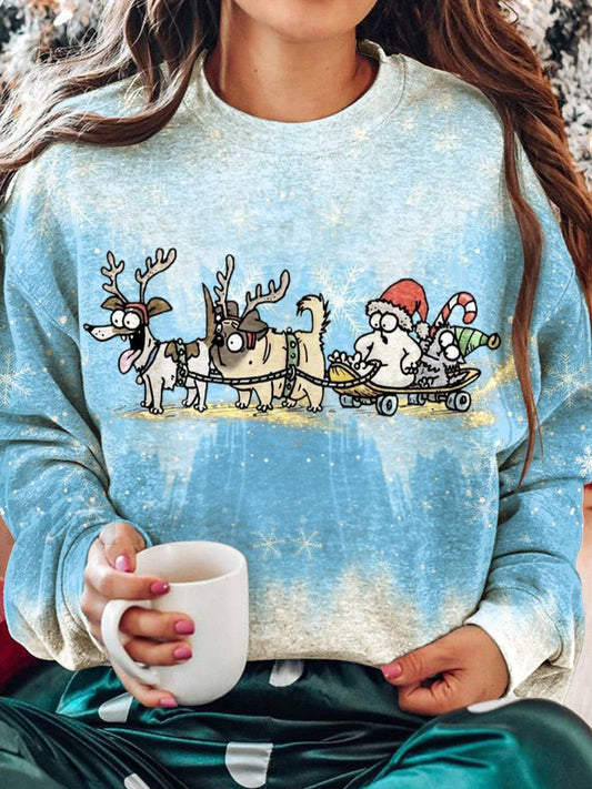 Women's Christmas Sleigh Cat Printed Long Sleeve Casual Top