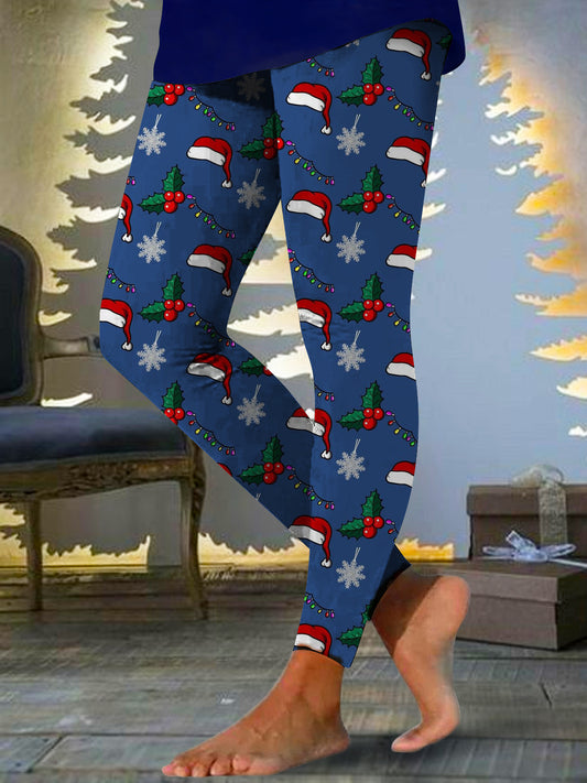 Blue Christmas Santa Hat Print Leggings