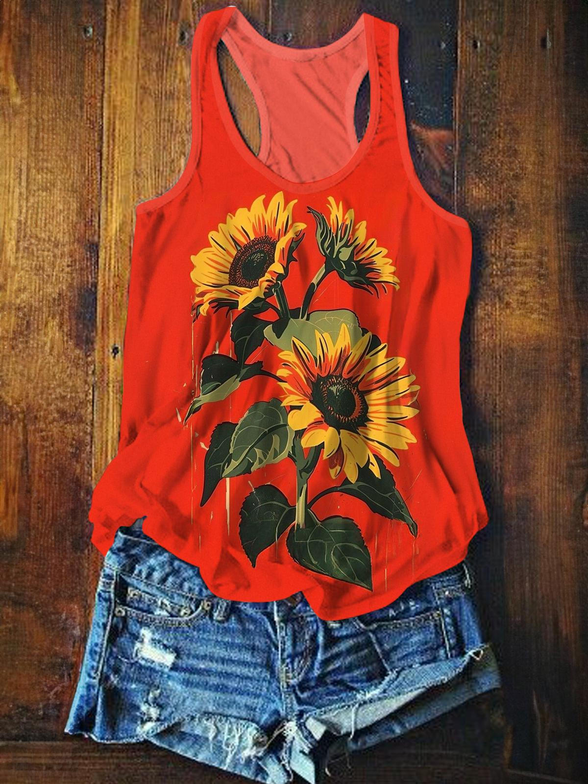 Women's Sunflower Floral Cute Plant Print Casual Vest