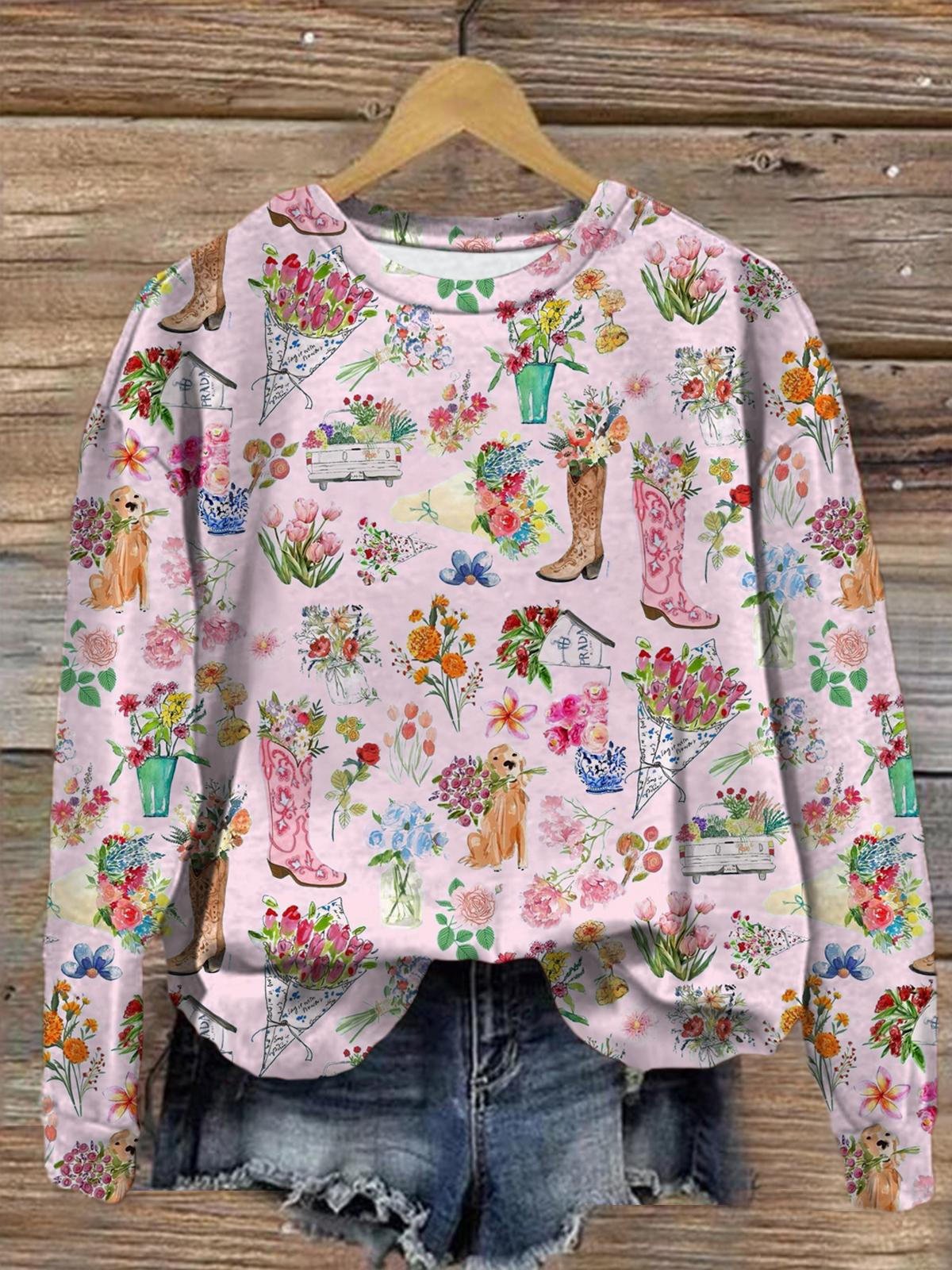 Women's Western Floral Animals Printed Long Sleeve Casual Top