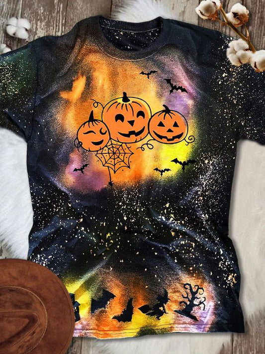 Halloween Pumpkin Face Bat Bleached T-shirt