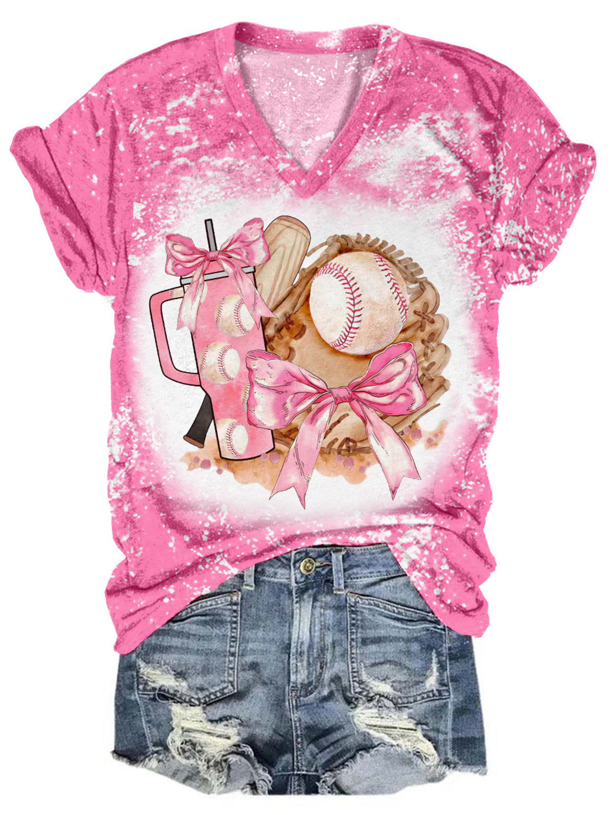 Pink Bow Tie Baseball Tie Dye V-Neck T-Shirt