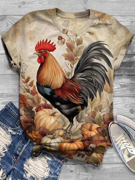 Vintage Fall Rooster Printed Crew Neck T-shirt