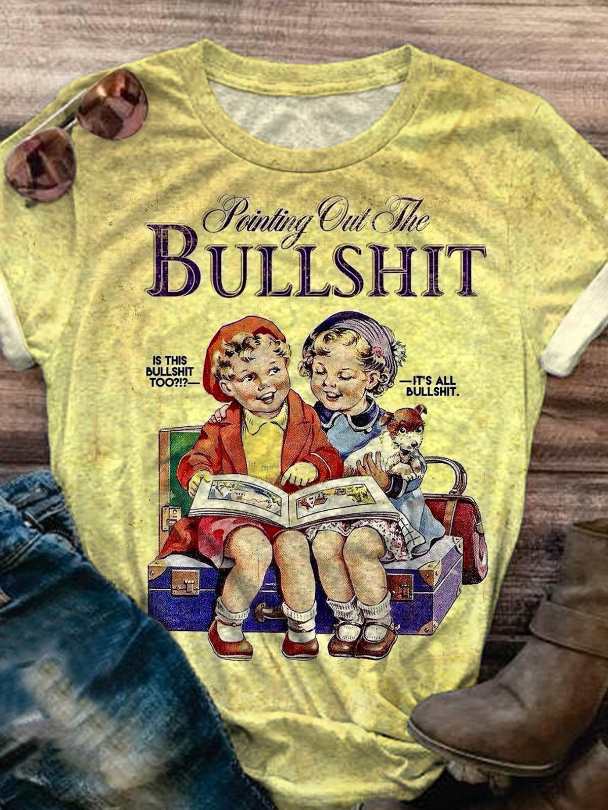 Women's Bullshit Reading Girls Vintage Print T-Shirt