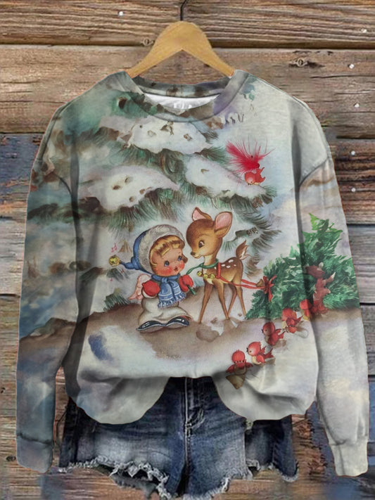 Girls' Deer and Christmas Tree Vintage Print Long Sleeve Top