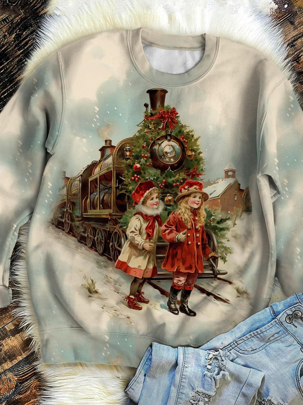 Women's Christmas Train Print Crew Neck Long Sleeve Top