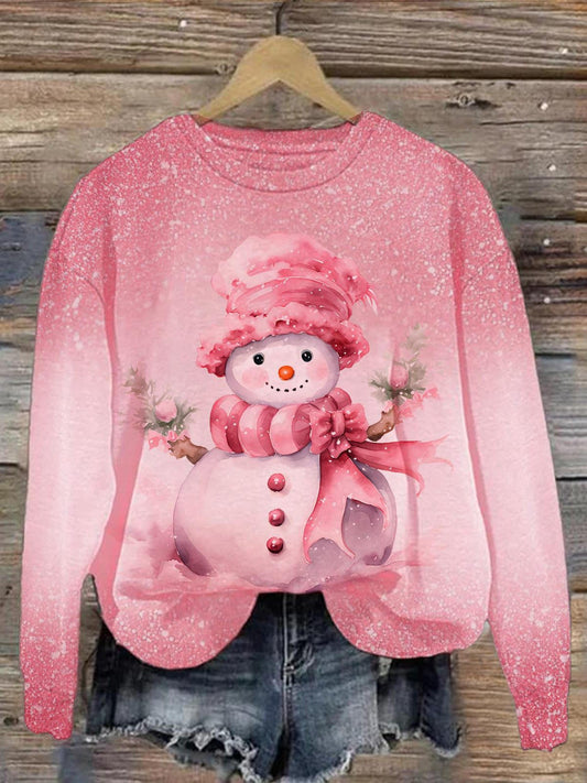 Christmas Pink Snowmaning Printed Long Sleeve Casual Top