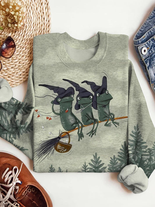 Women's Cute Frog Witch Crew Neck Casual Sweatshirt