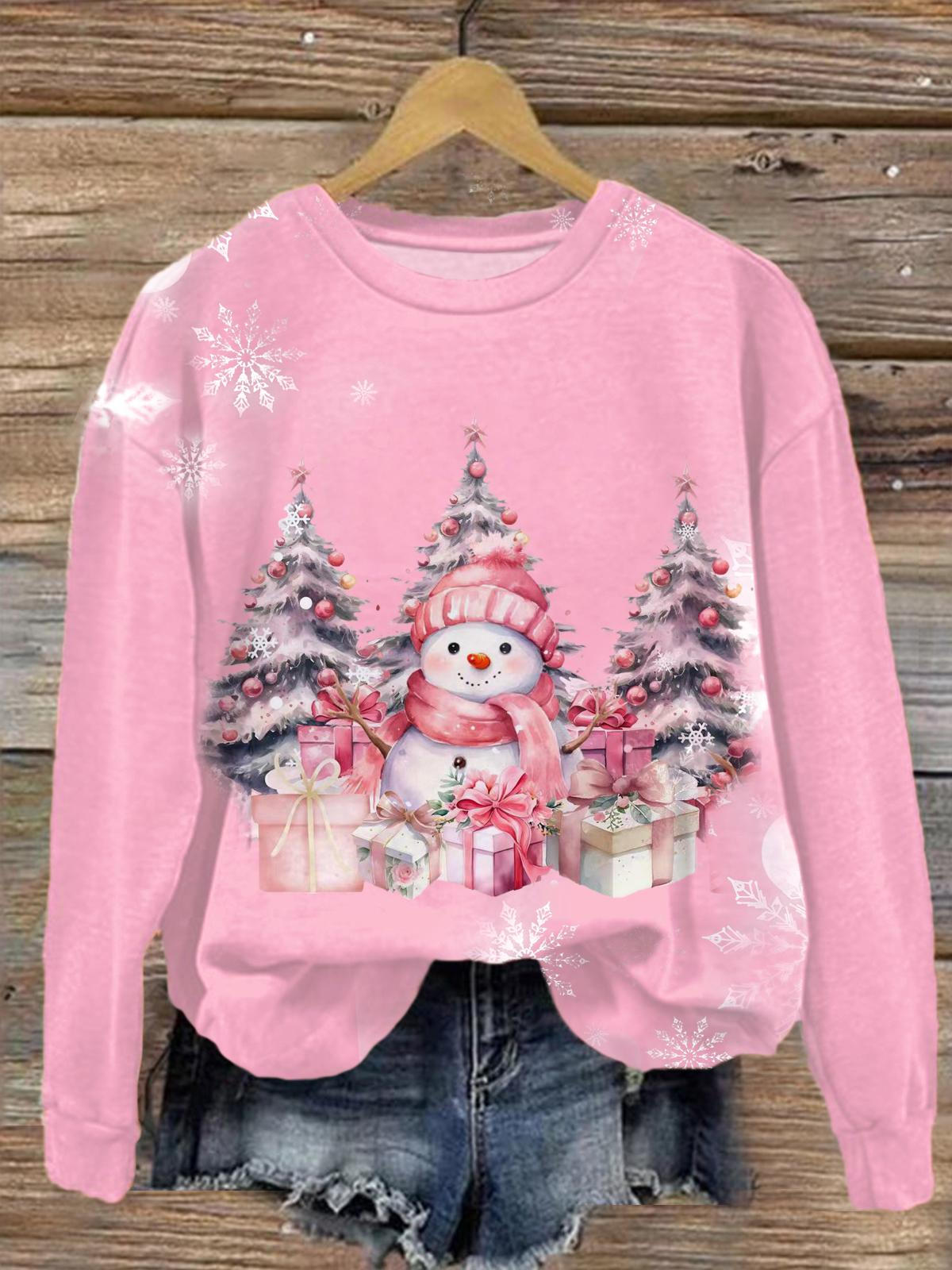 Women's Lovely Pink Snowman Round Neck Long Sleeve Top