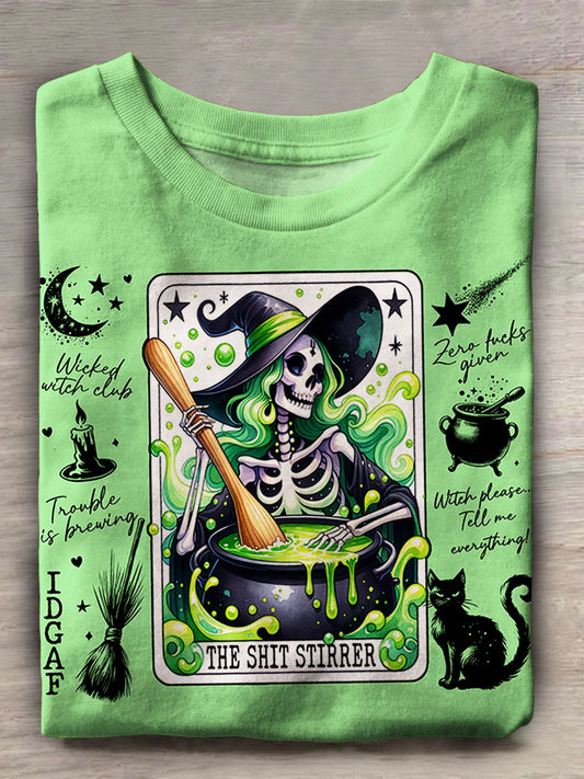 Halloween Skull Witch Print Casual Short Sleeve Top