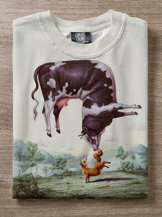 Cow Yoga Sports Fox Acrobatics Art Print Casual T-shirt