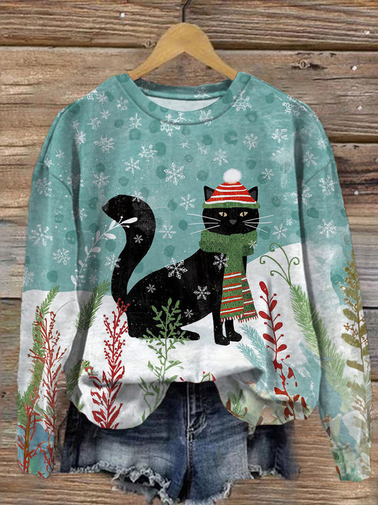 Women's Christmas Cat Crew Neck Casual Sweatshirt