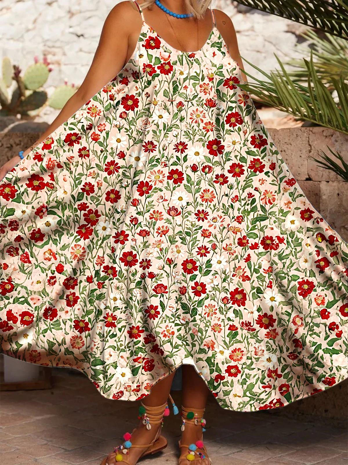 Women's Vintage Daisy Printed Casual Spaghetti Strap Dress