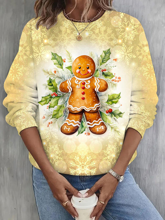 Snowflake Gingerbread Man Print Long Sleeve Casual Top