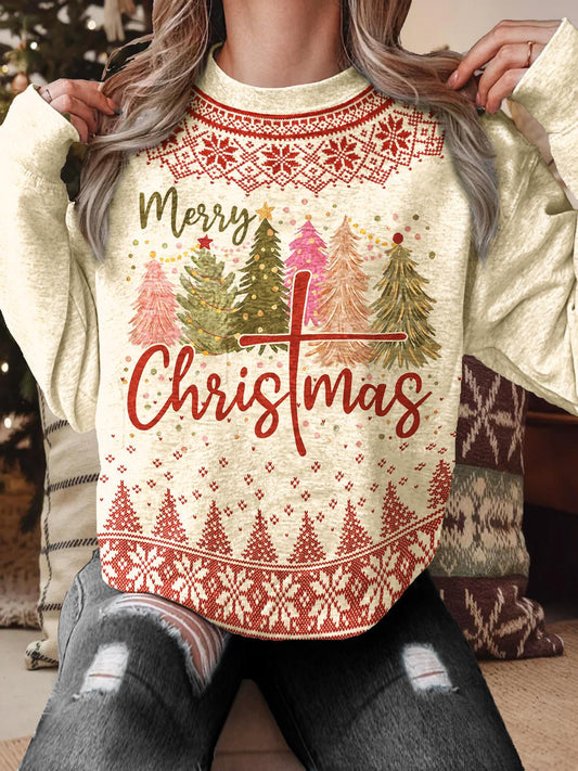 Women's Vintage Christmas Jesus Cross Crew Neck Casual Sweatshirt