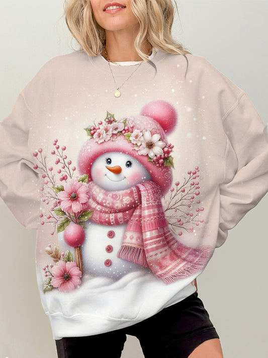 Women's Pink Snowman Print Round Neck Long Sleeve Top