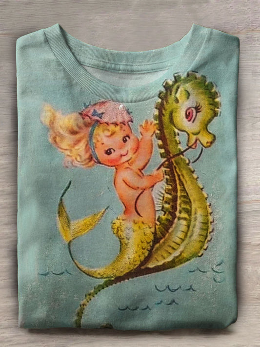 Vintage Mermaid Print Casual Short Sleeve Top