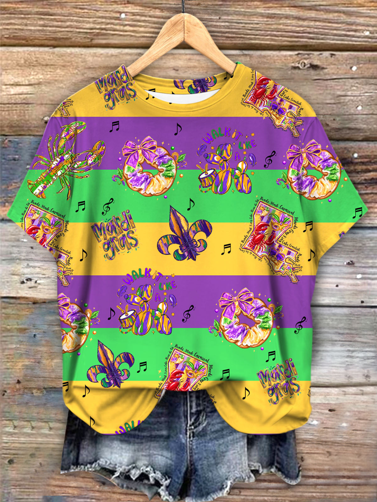 Mardi Gras Colored Stripes Crew Neck T-shirt