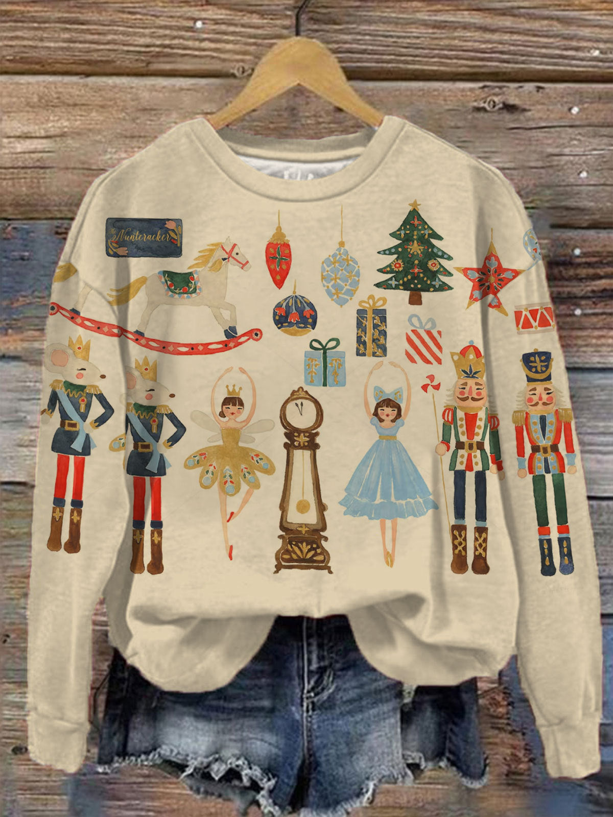 Nutcracker Print Round Neck Long Sleeve Top