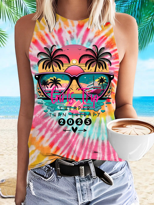 Girl Trip 2025 Tie Dye Sunglasses Print Casual Sleeveless Top