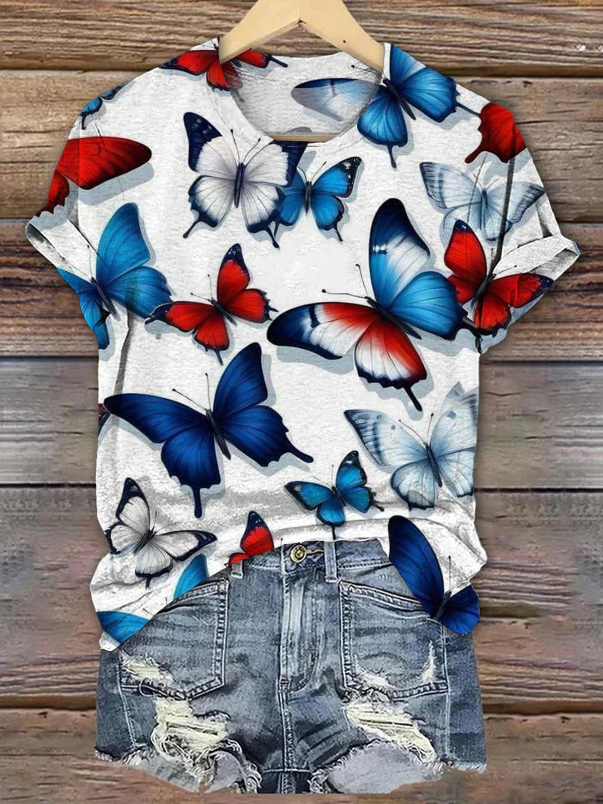 Colorful Butterfly Crew Neck T-shirt