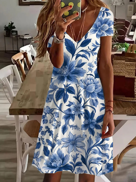 Blue White Porcelain Floral Print V Neck Short Sleeve Dress