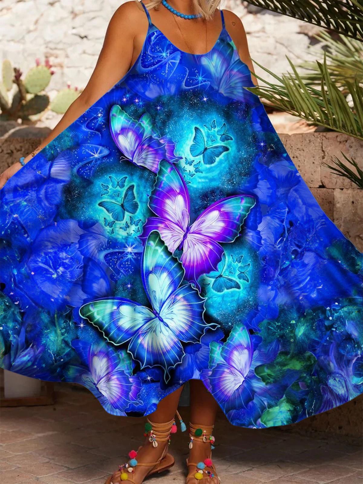 Purple Blue Butterflies Print Spaghetti Strap Dress