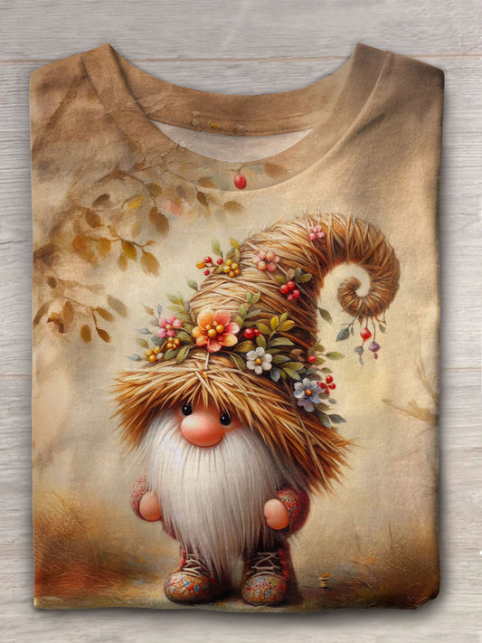 Women's Cute Gnome Vintage Floral Print Casual T-Shirt