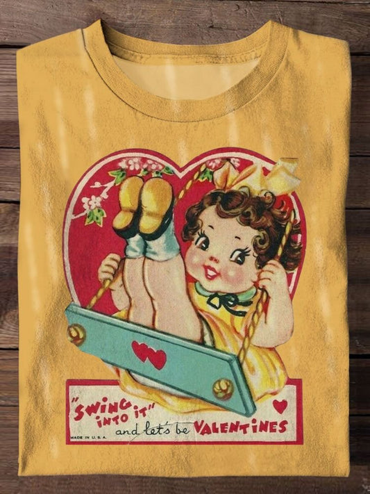 Retro Valentine's Day Print Casual Crew Neck T-shirt