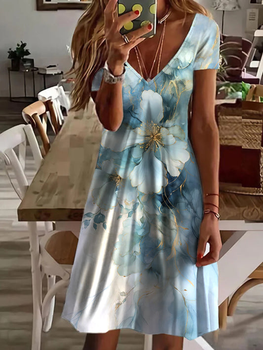 Women's Blue Floral V-neck Short-Sleeved Dress