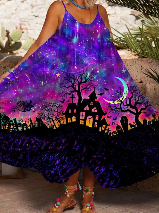 Starry Halloween Night Printed Casual Spaghetti Strap Dress