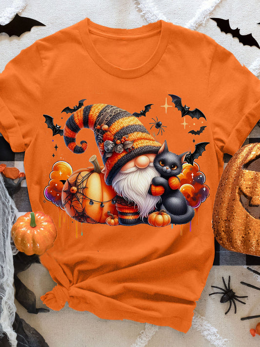 Halloween Gnome Pumpkin Print Short Sleeve T-shirt