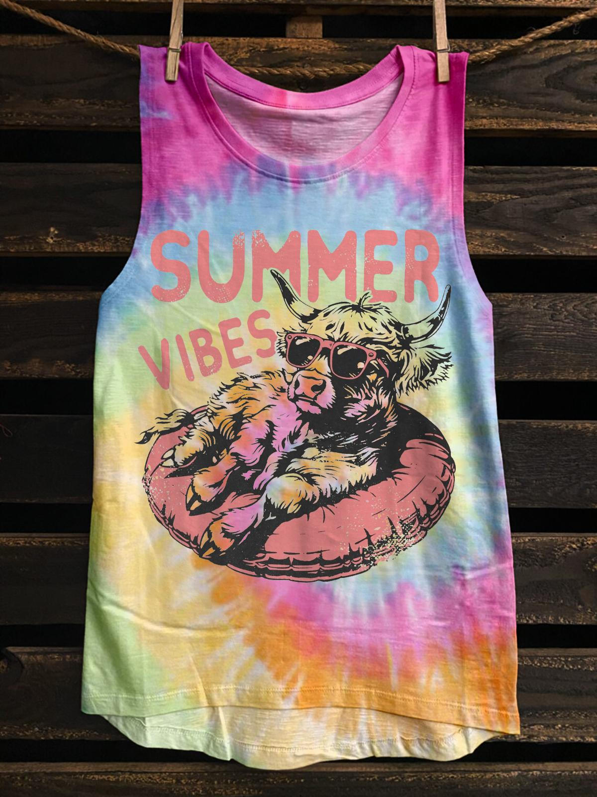 Summer Vibe Highland Cow Print Casual Tank Top